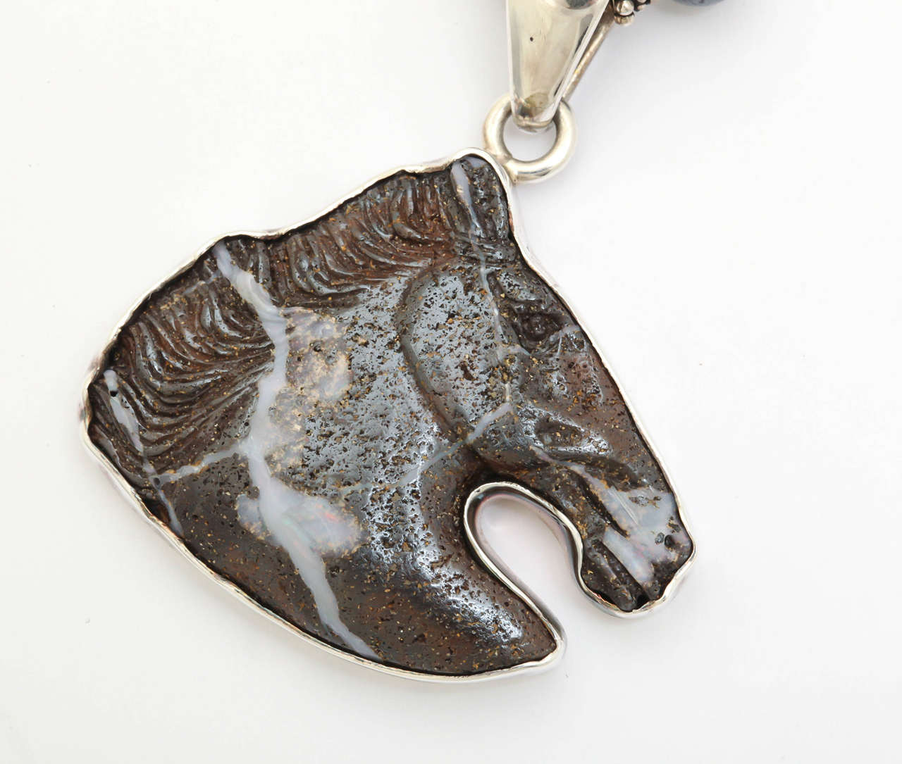 Women's or Men's Boulder Opal Silver Horse Head Necklace For Sale