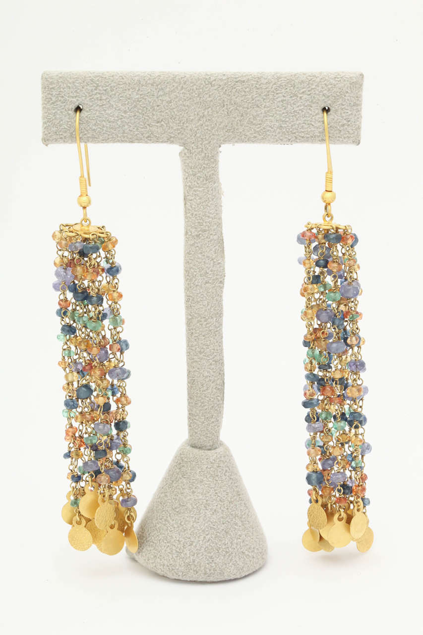 Tanzanite Sapphire Gold Beaded Chain Chandelier Earrings