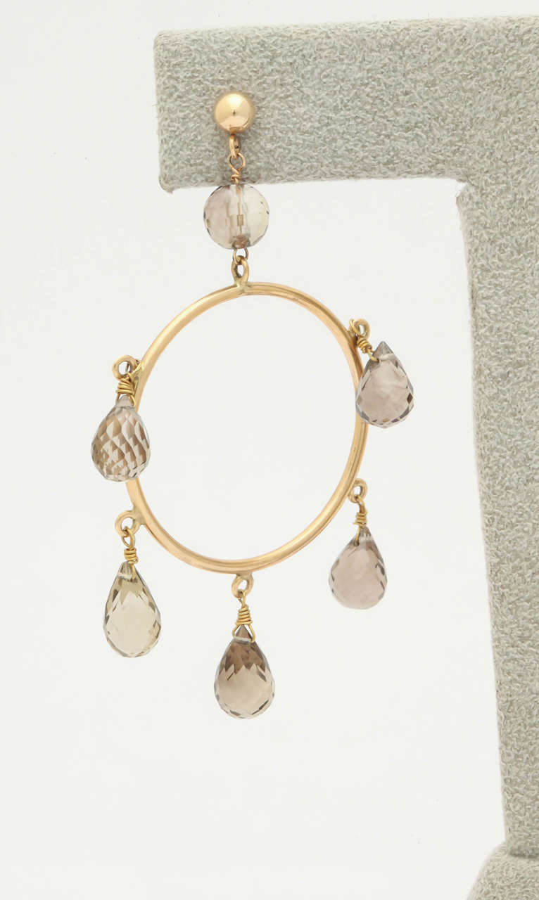 Gold and Smoky Quartz Briolette Hoop Earrings In New Condition In TRYON, NC