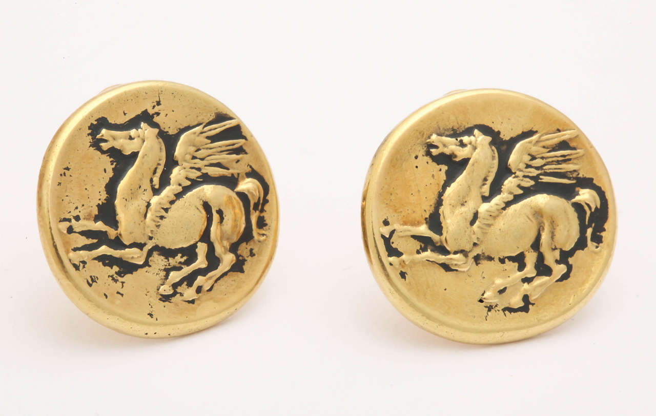 Gold Pegasus Coin Clip Earrings For Sale 1