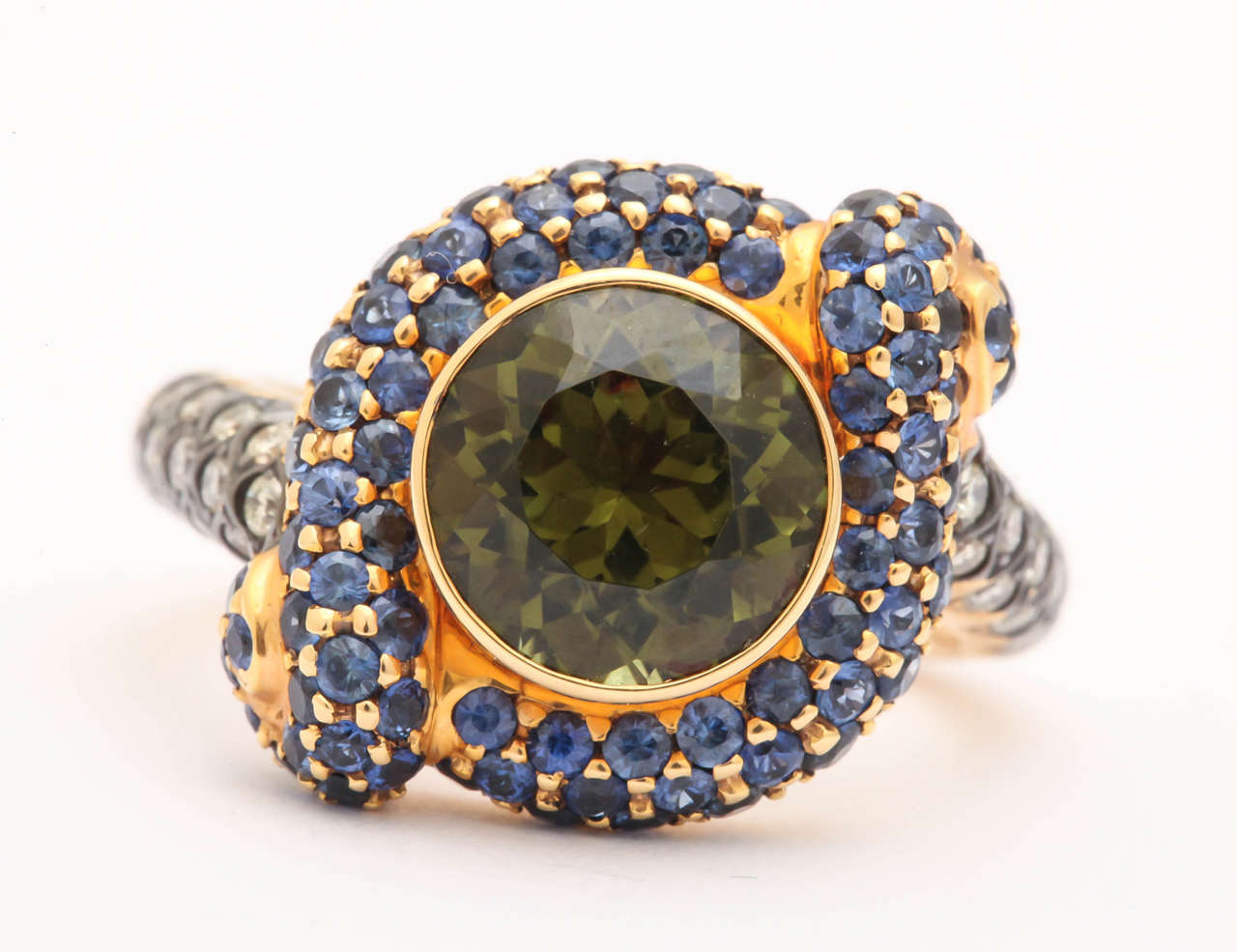 Contemporary Green Tourmaline Sapphire Diamond Gold Knot Ring For Sale