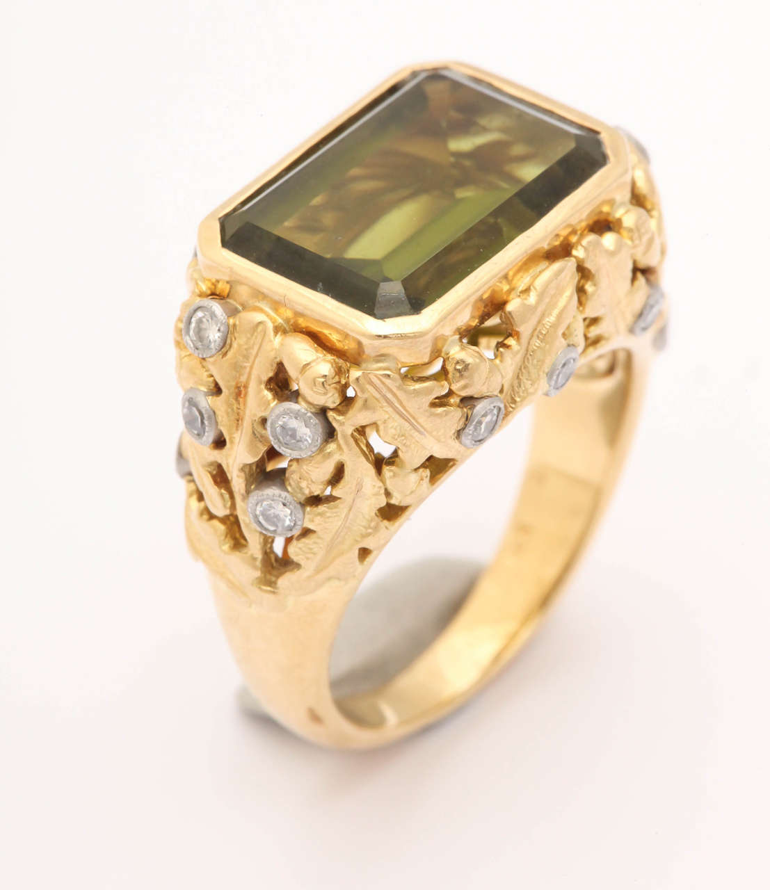 Emerald Cut 11 Carat Olivine Peridot Gold Platinum Ring For Sale