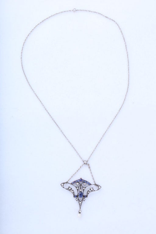 Special Arte Neuveau Sapphire and Diamond Pendant In Excellent Condition For Sale In New York, NY