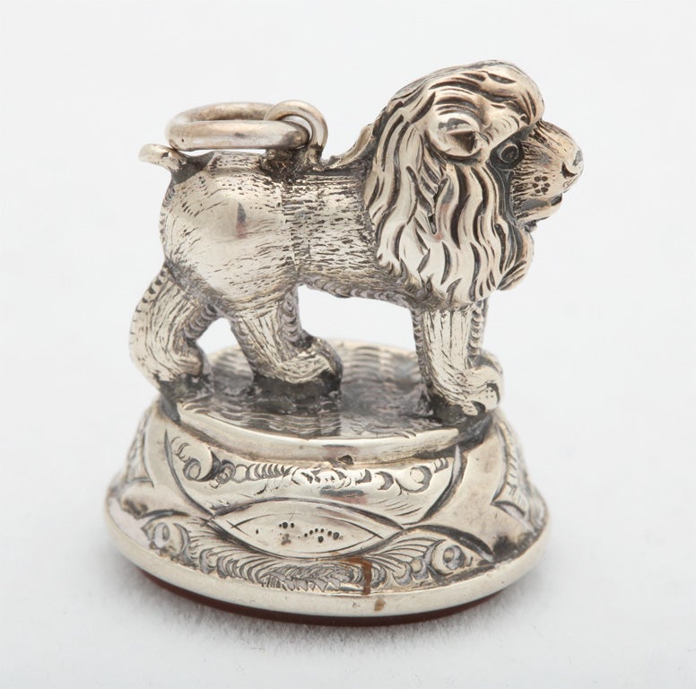 Victorian sterling silver and carnelian figural fob/seal in the form of a lion, Scotland, Ca. 1880's; @1