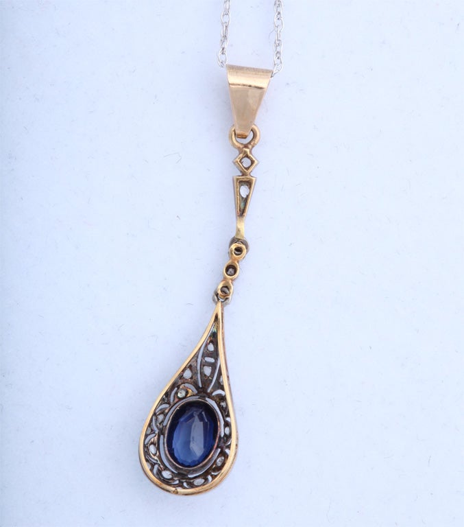 Edwardian Period Two-Color Gold Sapphire Diamond Drop Pendant In Good Condition For Sale In New York, NY