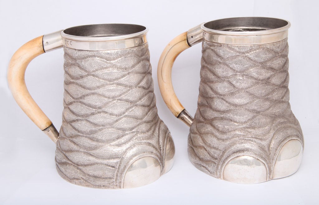 Pair Sterling  Silver Ivory Handled Elephant Feet Jugs