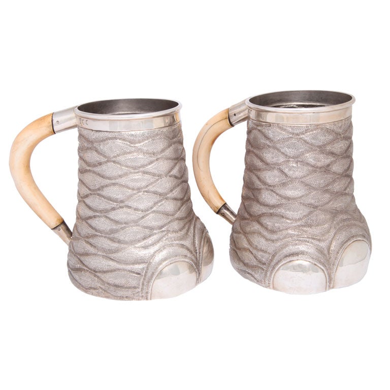 Pair Sterling  Silver Ivory Handled Elephant Feet Jugs For Sale