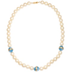 Givenchy Large Faux Pearl Necklace with Blue Beads, Costume Jewelry