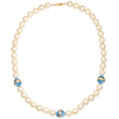 Chanel style Large Faux Pearl Necklace with Blue Beads 4