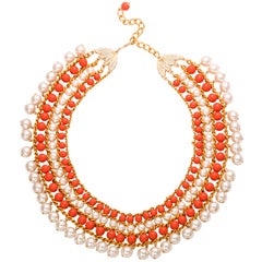 Faux Pearl & Coral Egyptian Style Collar Necklace