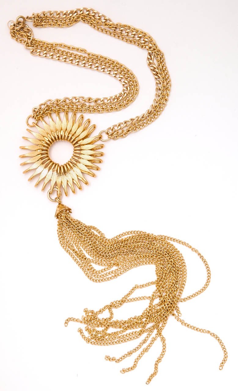 Women's Goldtone Sunburst Necklace with Long Tassel, Costume Jewelry For Sale