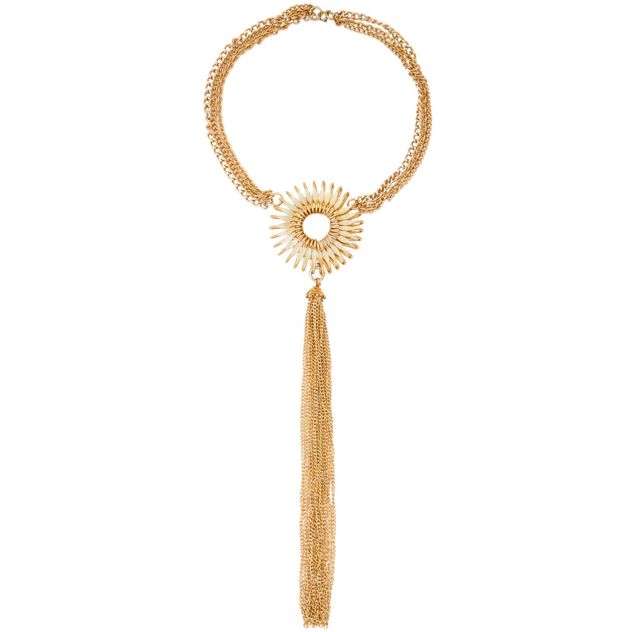 Goldtone Sunburst Necklace with Long Tassel, Costume Jewelry For Sale