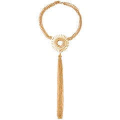 Retro Goldtone Sunburst Necklace with Long Tassel, Costume Jewelry