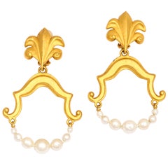 Goldtone and Pearl Hoop Earrings, Costume Jewelry