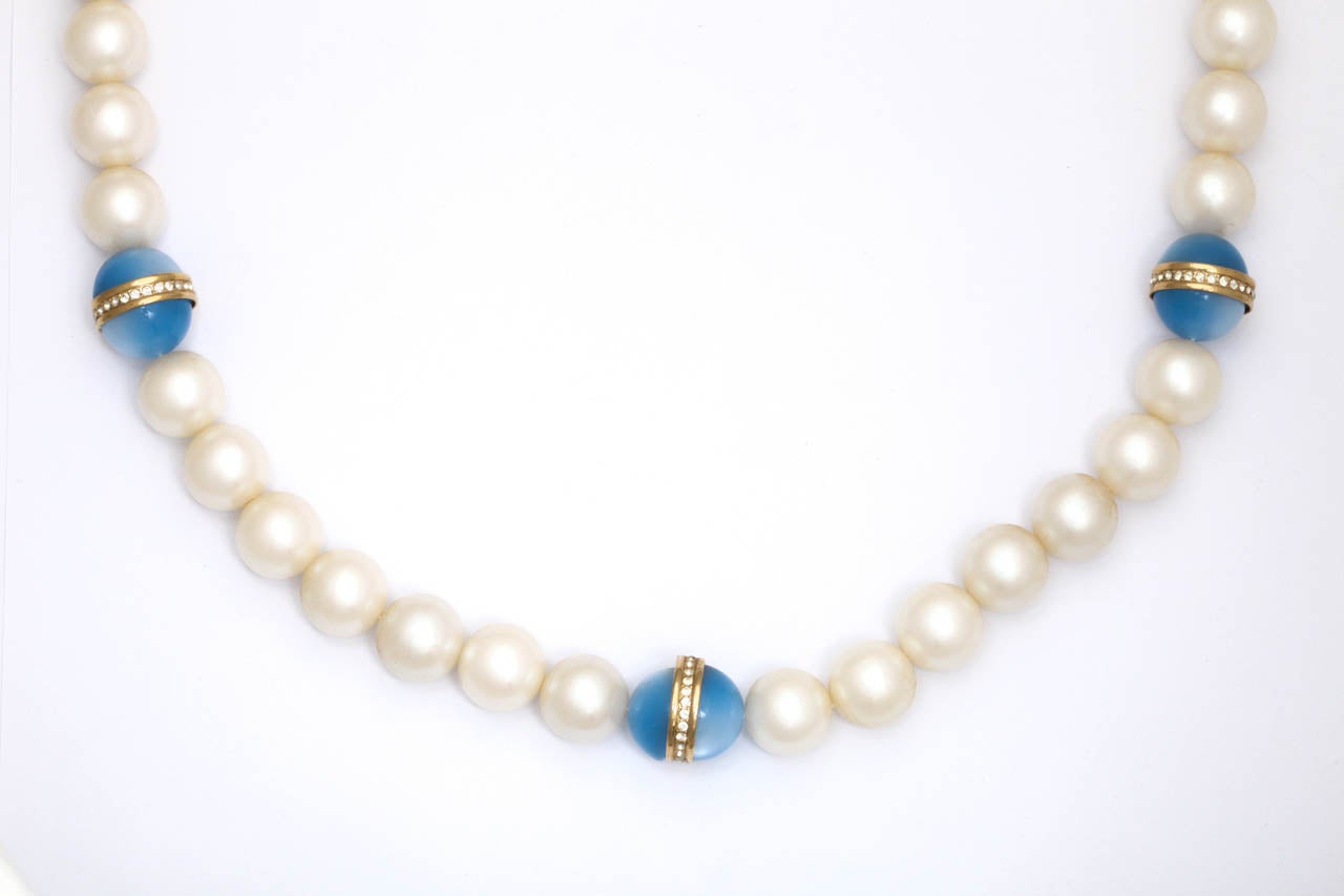 Givenchy Large Faux Pearl Necklace with Blue Beads, Costume Jewelry at