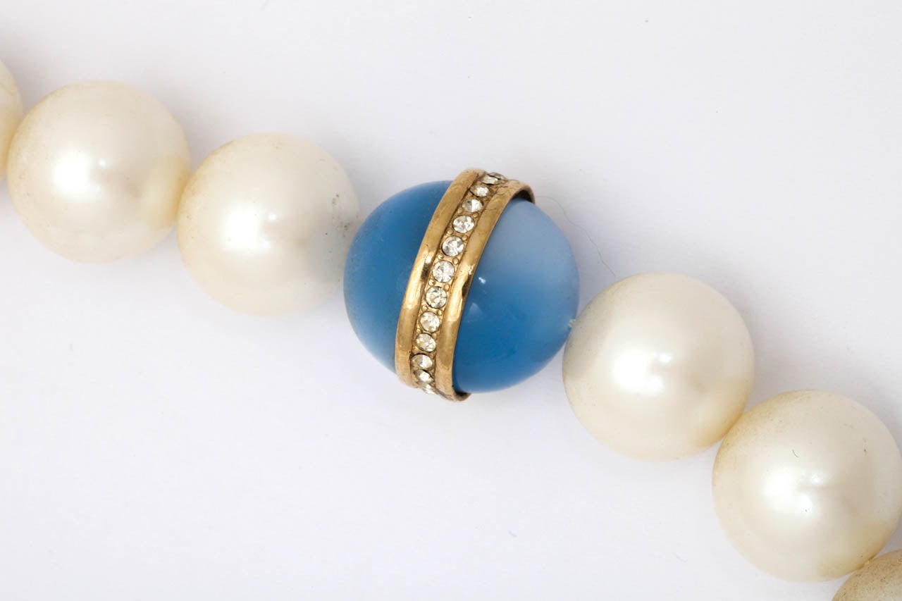 Givenchy Large Faux Pearl Necklace with Blue Beads, Costume Jewelry at