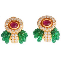 Magnificent Cabochon Ruby Emerald Earclips
