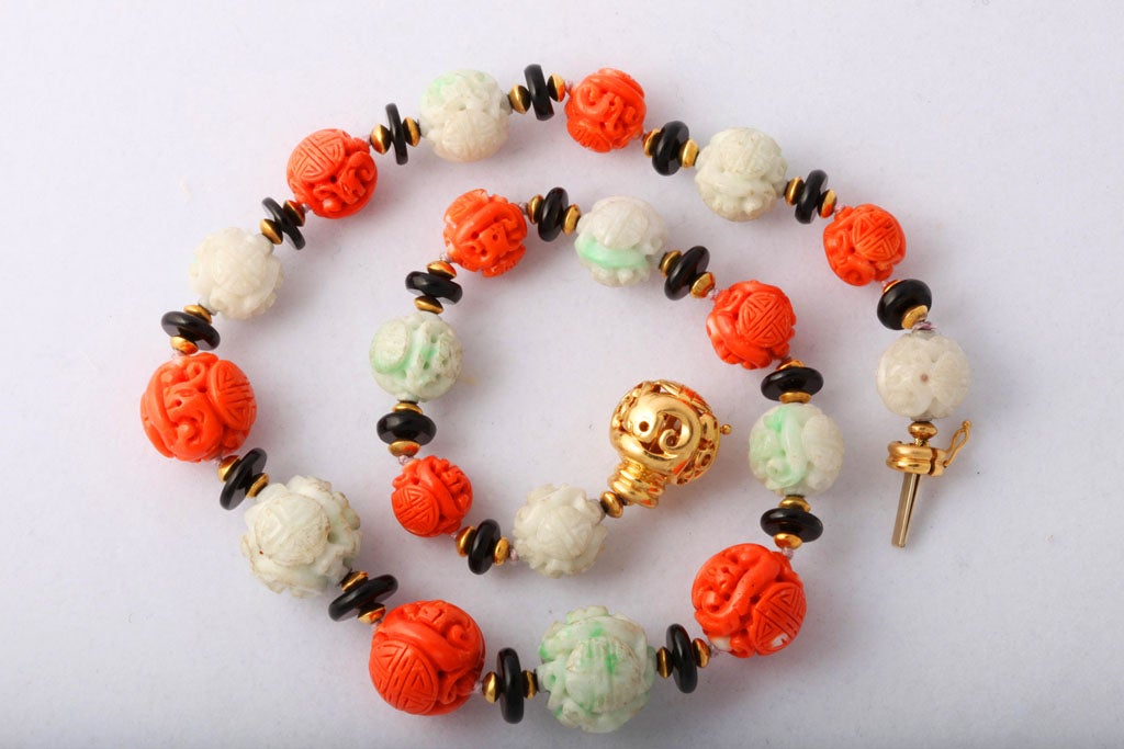 Fine Carved Jade Coral Gold Necklace