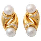 Classic Gold Pearl and Diamond Earclips