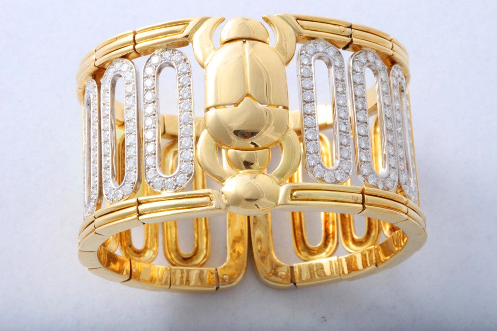 Wide Diamond  Gold Egyptian Scarab Cuff