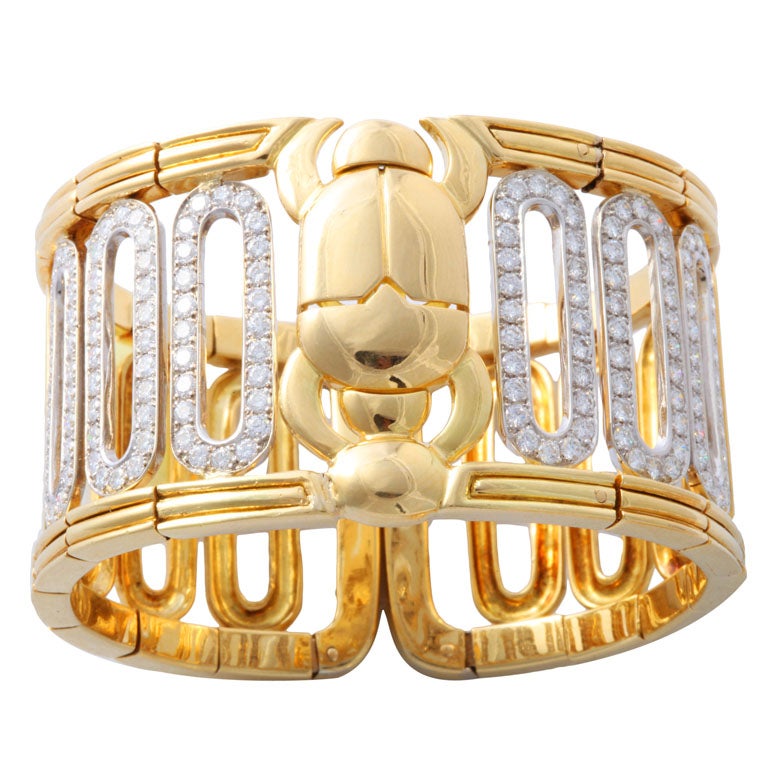 Wide Diamond  Gold Egyptian Scarab Cuff For Sale