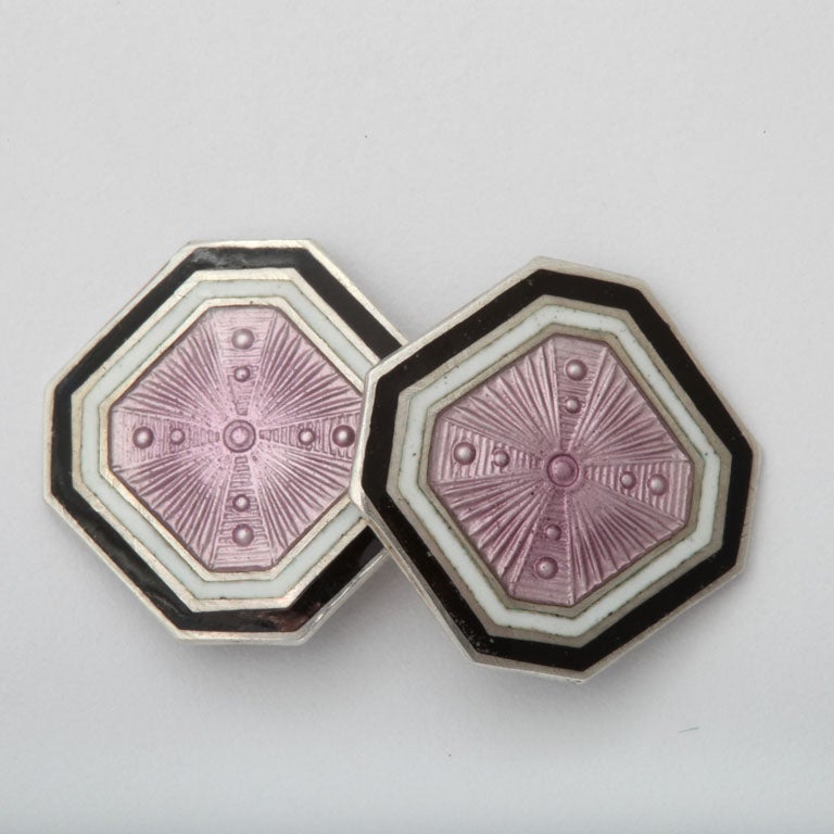 Art Deco Sterling Silver and Guilloche Enamel Cufflinks In Excellent Condition In New York, NY