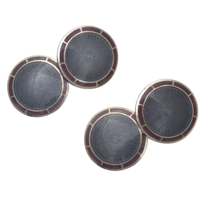 1920s-1930s Art Deco Sterling Silver and Guilloche Enamel Cufflinks For Sale