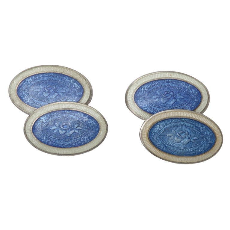 1920s-1930s Art Deco Sterling Silver and Guilloche Enamel Cufflinks For Sale