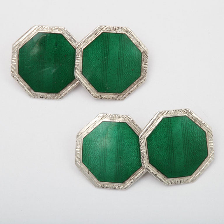 Art Deco Sterling Silver and Guilloche Enamel Cufflinks