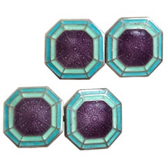 Antique Art Deco Pair of Sterling Silver and Guilloche Enamel Cufflinks