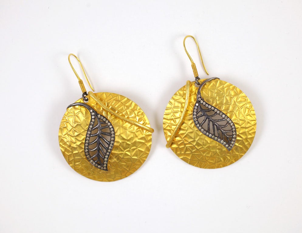 Contemporary Diamond Gold Silver Leaf Disc Earrings