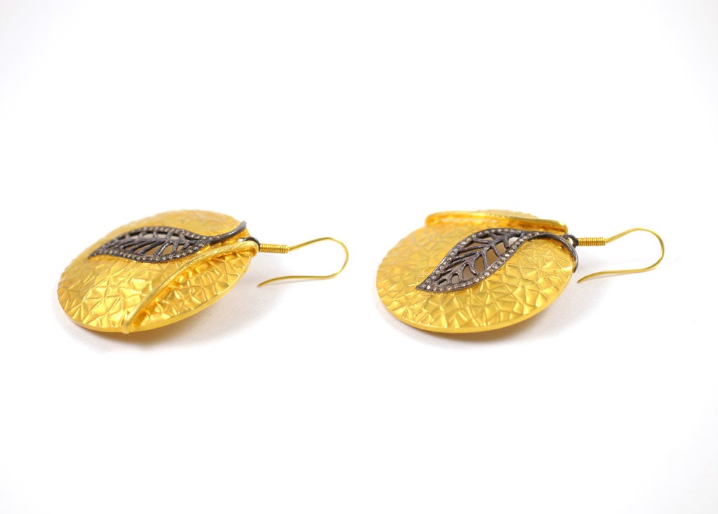 Women's Diamond Gold Silver Leaf Disc Earrings