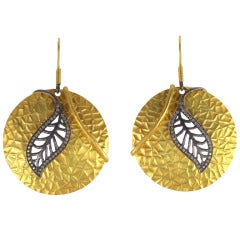 Diamond Gold Silver Leaf Disc Earrings