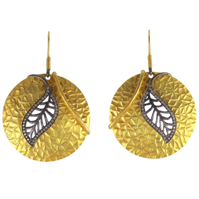 Diamond Gold Silver Leaf Disc Earrings