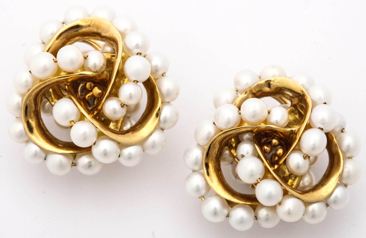 18kt yellow gold pearl 7 gold twist pretzel knot earrings designed by SEAMAN SCHEPPS