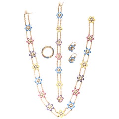 Emaille Diamant Gold Ring Ohrringe Armband Halskette Gänseblümchen Blume Suite