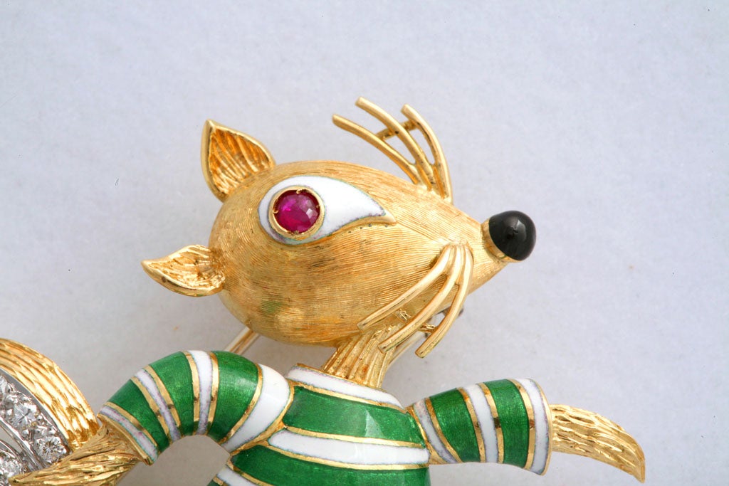 Claflin Style - Amusing Running Squirrel Enamel Ruby Diamond Gold Brooch For Sale 1