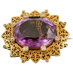 Victorian Amethyst Rose Cut Diamond Openwork Gold Brooch
