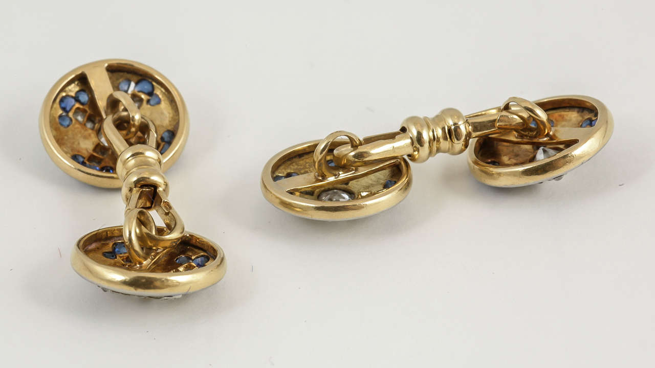 Edwardian Cufflinks set with Sapphires & Diamonds in Platinum & Gold , French circa 1920 For Sale