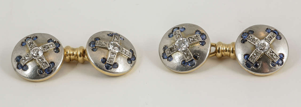 Round Cut Cufflinks set with Sapphires & Diamonds in Platinum & Gold , French circa 1920 For Sale