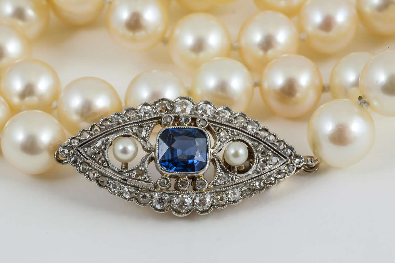 8.5mm Cultured Pearl Necklace with Sapphire Diamond Clasp at 1stDibs pearl necklace with