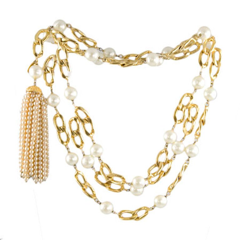 Gold Tone and Glass Pearl Multi-Strand Belt/Necklace by Chanel For Sale