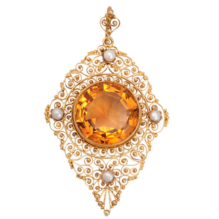 Antique Edwardian Heavenly Filigree and Citrine Pendant