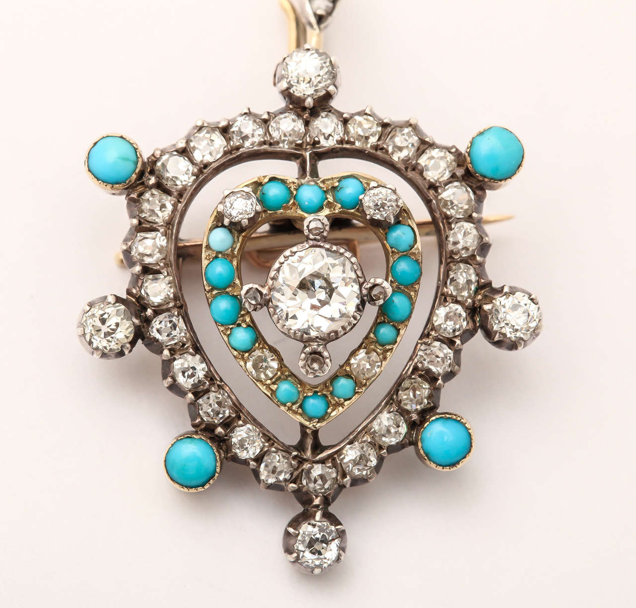 Edwardian Diamond Turquoise Heart Pendant or Brooch In Excellent Condition In Stamford, CT