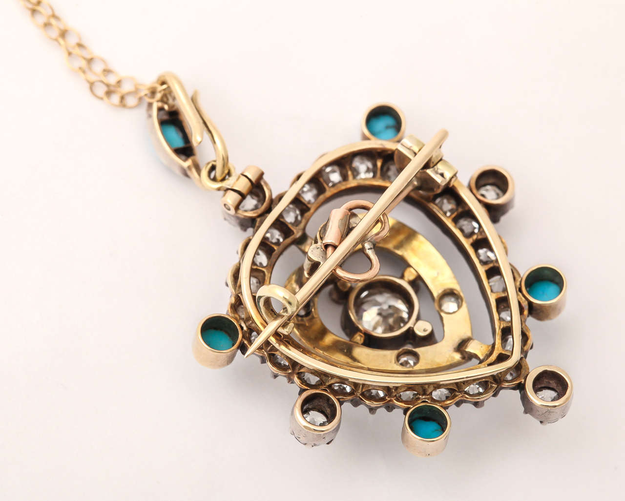 Old Mine Cut Edwardian Diamond Turquoise Heart Pendant or Brooch