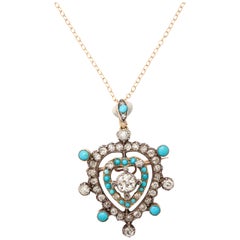 Edwardian Diamond Turquoise Heart Pendant or Brooch