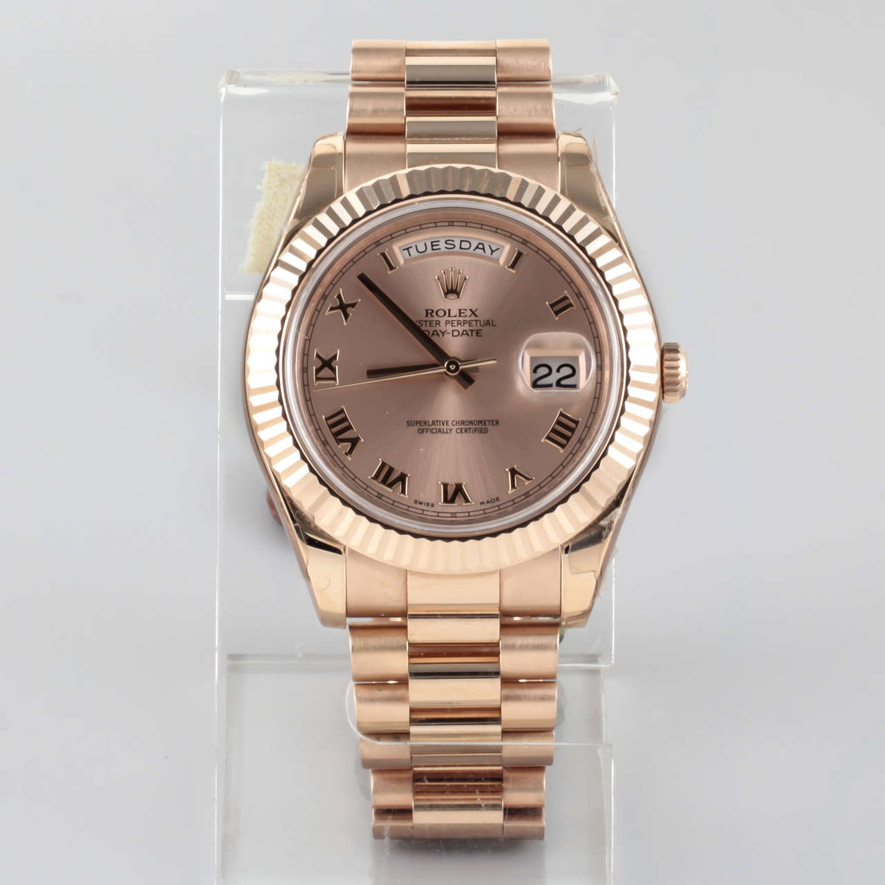 Rolex 18k rose gold Day-Date II Wristwatch; 41mm; Automatic Movement; Roman Numeral Markers; Fluted Bezel.