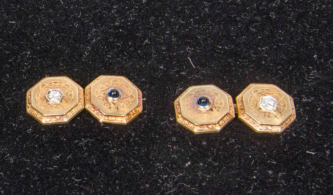 Art Deco Engraved Cufflinks with Sapphire and Diamond In Excellent Condition In New York, NY