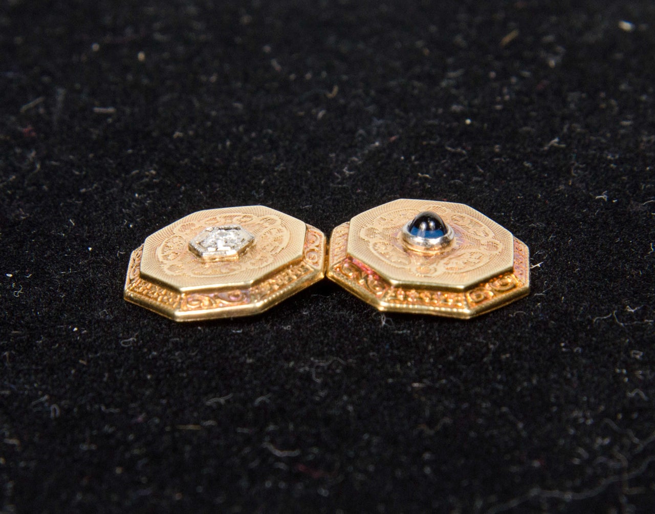 Art Deco Engraved Cufflinks with Sapphire and Diamond 1