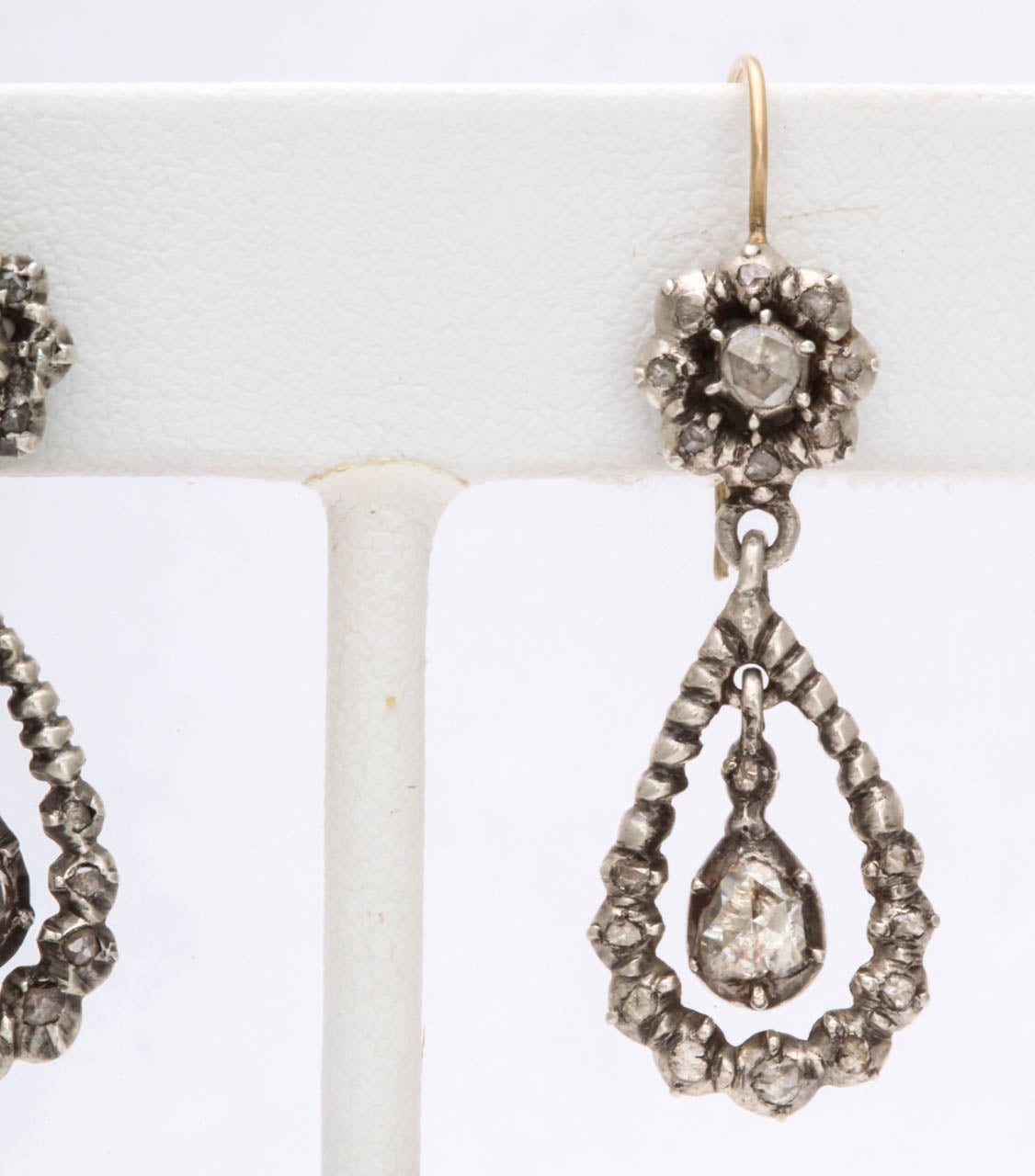 Mixed Cut Antique Georgian Diamond Silver Gold Dangle Earrings